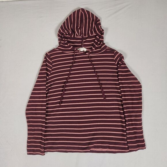 LOFT Tops - LOFT Women's L Maroon Pink Striped Waffle Knit Hooded Knit Top Hoodie